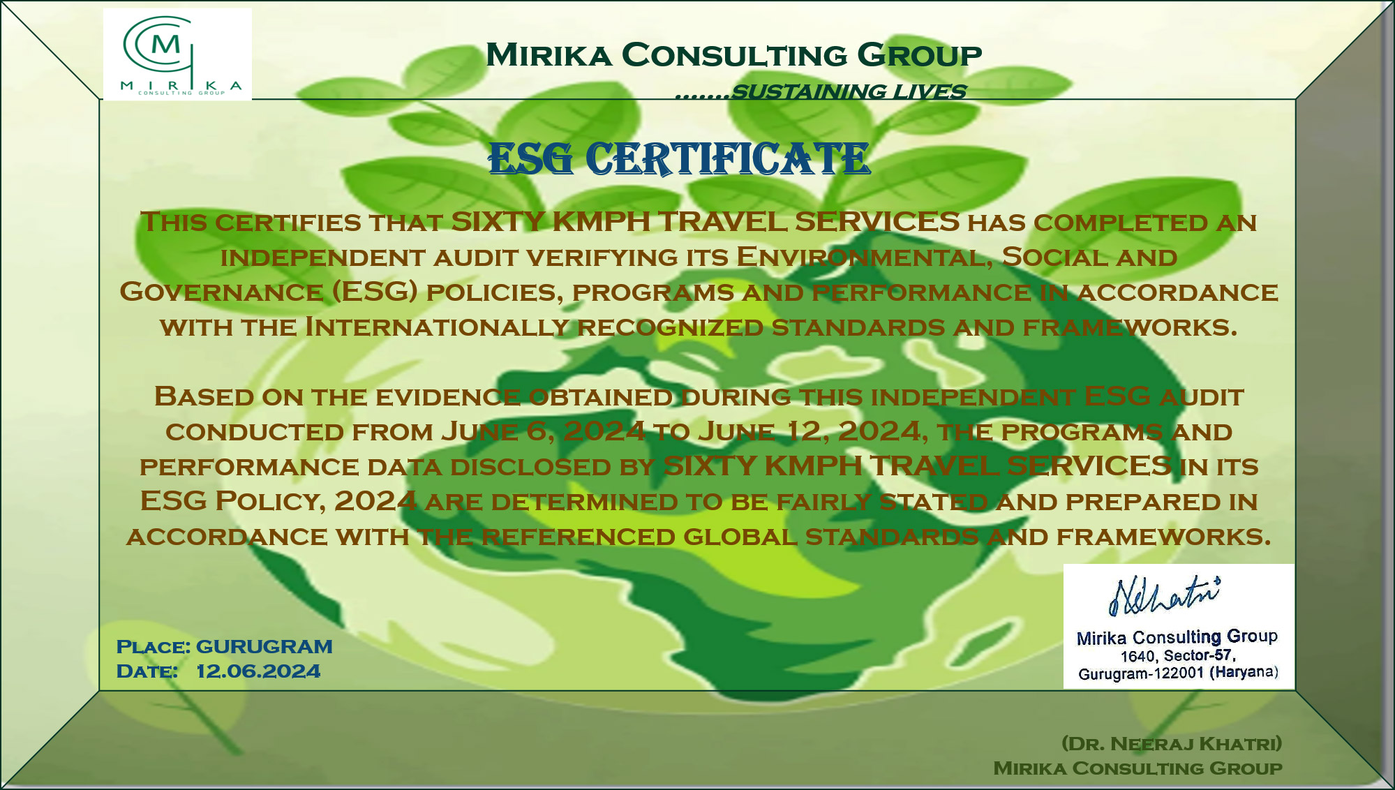 ESG Certification 60KMPH